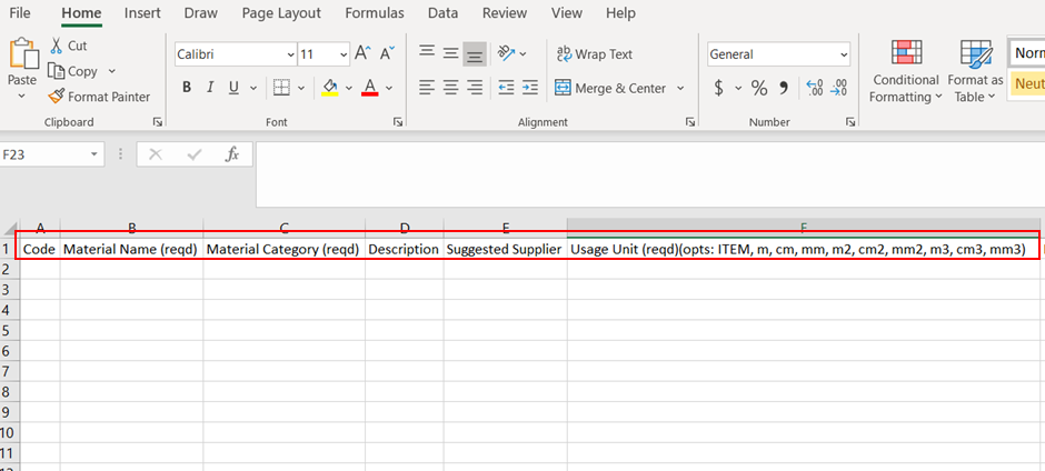 Bulk import of materials